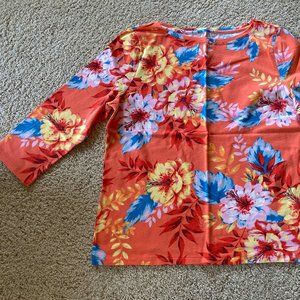 TALBOTS PIMA BATEAU NECK TEE - Orange & Blue Floral print, Misses size XL